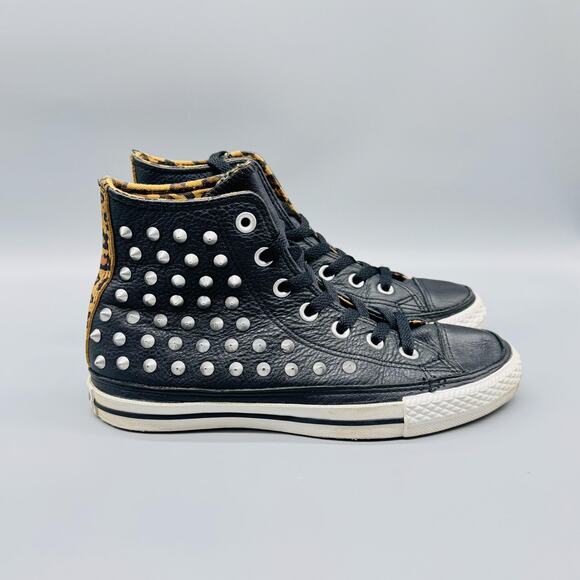 Converse Shoes Womens 6.5 Black Leather All Star Studded High Top Leopard Punk - Picture 1 of 12